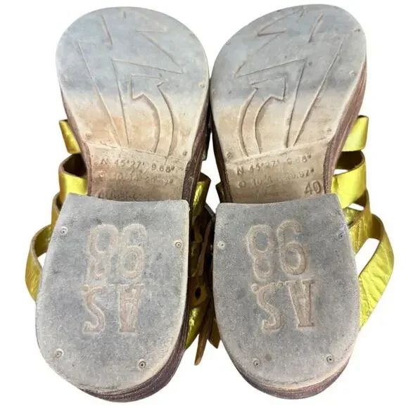 AS 98 Gold Leather Platform Block Chunky Heel Slides Slip On Sandals sz 40 9 9.5